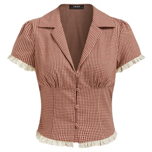 CIDER棉V领格纹荷叶边英式刺绣短袖衬衫女装114451591