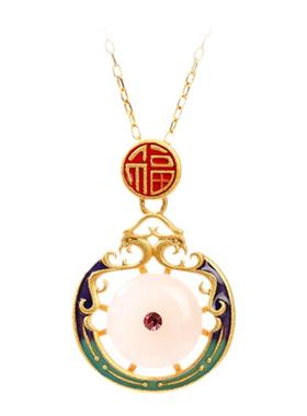 中国风复古旗袍配饰镀金镂珐琅彩绘空古风仿和田玉平安扣复古项链