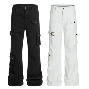 白色绑带微喇牛仔裤男cleanfit美式高街vibe喇叭修身工装裤子冬季