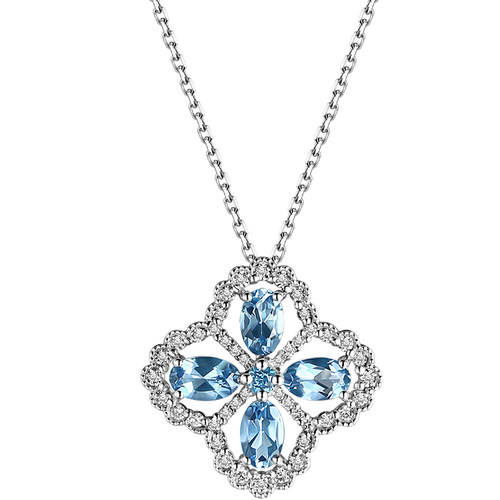 海梵纪珠宝 天然圣玛利亚海蓝宝项链18K白金四叶草钻石吊坠宝石