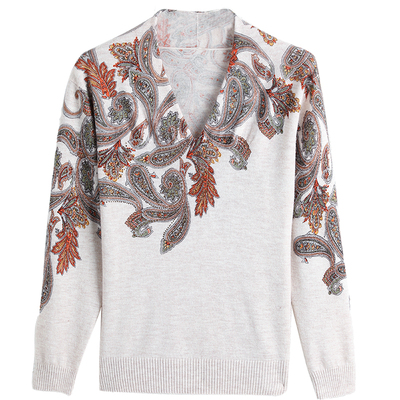 品牌女装秋冬100纯羊毛针织衫复古宽松大码v领时尚印花毛衣外穿女