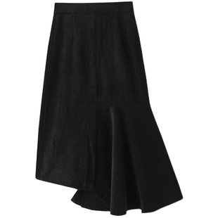 PAPERLLL灯芯绒不规则鱼尾半身裙女2025新款秋冬款高腰开衩裙子