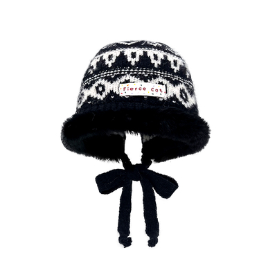 费尔岛风提花针织绑带毛边护耳帽