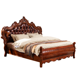 奢华欧式别墅床豪华主卧大床2.2米主人床高端美式实木雕花真皮床