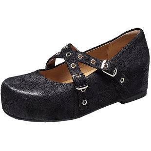 意尔康真皮内增高玛丽珍女2026春新款复古交叉扣带显腿长芭蕾单鞋