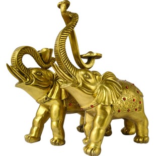 黄铜大象摆件一对背上驮元宝如意象招客厅入户财铜制鼻子朝天铜象