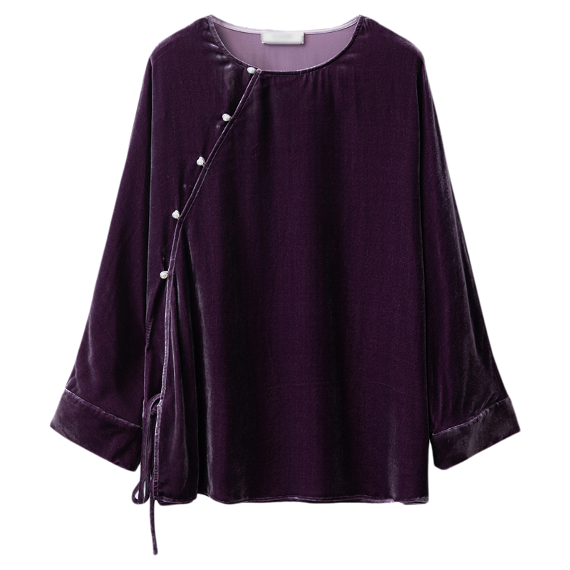 一丝牵圆领珍珠扣国风斜门襟真丝丝绒系带长袖上衣宽松显瘦桑蚕丝