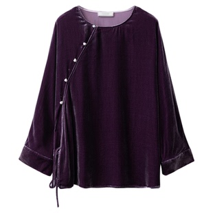 一丝牵圆领珍珠扣国风斜门襟真丝丝绒系带长袖上衣宽松显瘦桑蚕丝