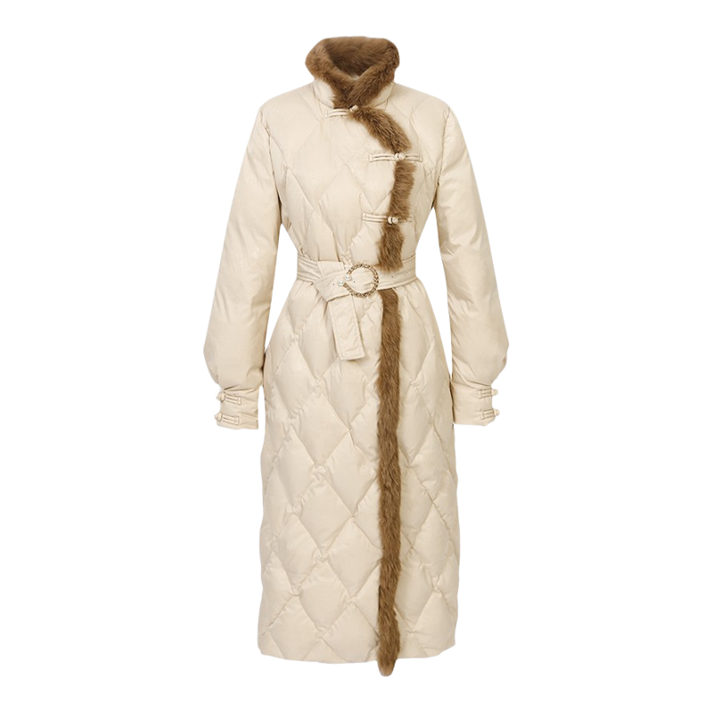 2025冬季新款立领兔毛撞色设计国风提花收腰长款灯笼袖羽绒服外套