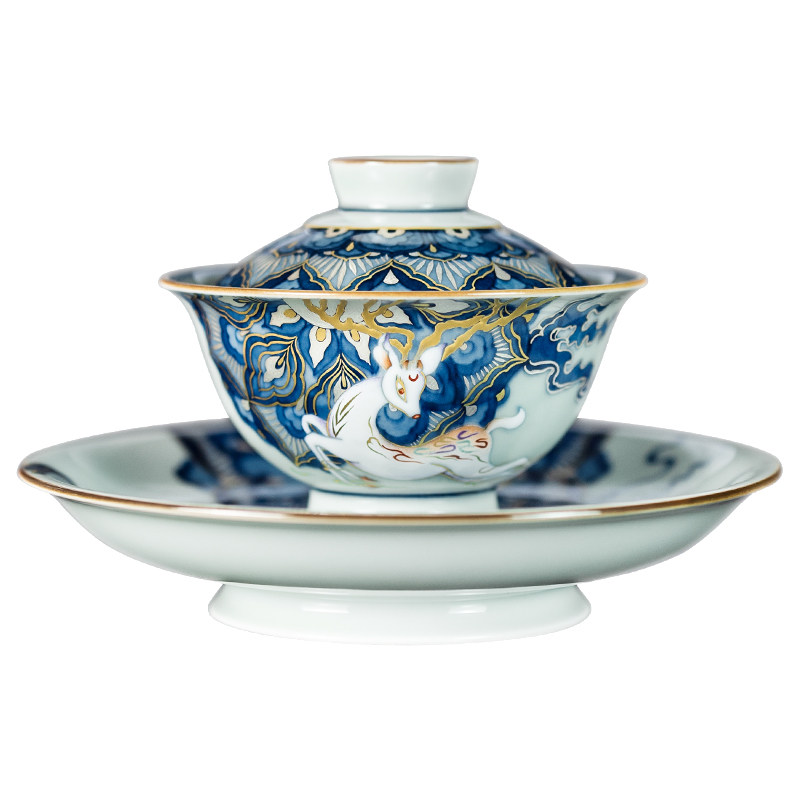 青花粉彩金银错莲之鹿茶具