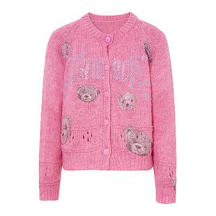 TCH2025冬季新款时尚烫钻可爱小熊粉色百搭针织开衫女T75D43E1099