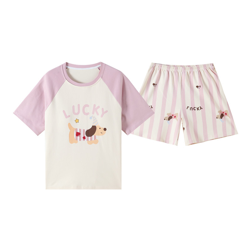 带胸垫睡衣女夏季纯棉短袖短裤两件套韩版卡通宽松大码家居服薄款