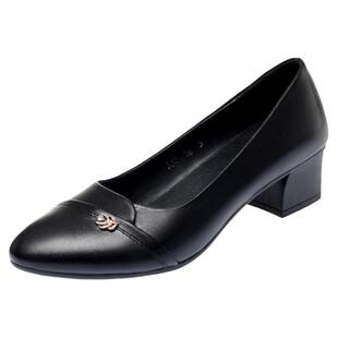 女士皮鞋真皮不累脚女鞋软底软面单鞋中跟工作鞋女黑色中年妈妈鞋