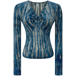 玫红色植绒网纱上衣女春季新款法式时尚女人味扭结V领正肩长袖T恤