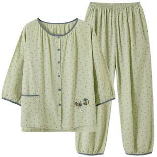 梭织棉纱布睡衣女士春秋款纯棉七分袖长袖秋季薄款大码夏季家居服