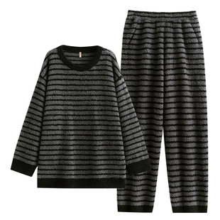 家乐芬睡衣女秋冬款冬季半边绒珊瑚绒加厚加绒家居服条纹套头套装