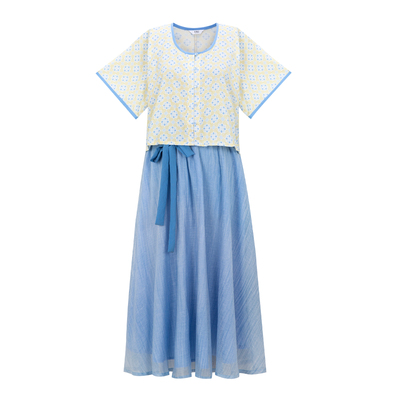 花朝记｜冰蓝｜唐制汉服元素唐背子齐腰裙天丝蓝色印花日常风春夏