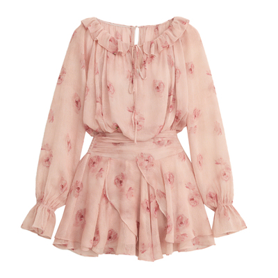 DPLAY粉色长袖连衣裙收腰春季新款印花圆领系带法式短裙裙子女