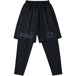 胖童装男童跑裤假两件宽松加肥加大码薄款中大童速干跑步运动长裤