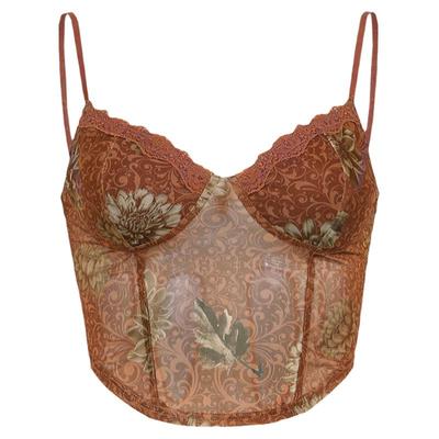 WEEKEEP欧美小众特色印花网纱胸型吊带背心辣妹外穿棕色胸衣夏潮