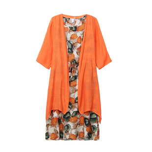 2023夏季宽松两件套棉麻套装连衣裙200斤胖妹妹遮肚系带棉绸长裙