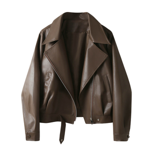 美拉德棕咖色皮衣外套女士短款2025春秋新款西装翻领机车服夹克潮