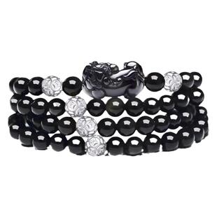 天然彩眼黑曜石配冰彩貔貅手链女纯银珠子108颗佛珠多圈手串念珠