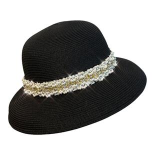 春夏优雅珍珠钻石赫本帽子草编大檐防晒圆顶帽女太阳遮脸出游草帽