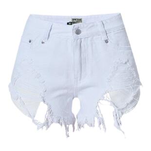 欧洲站女新款夏季显腿长白色牛仔裤女破洞乞丐胖mm牛仔短裤流苏