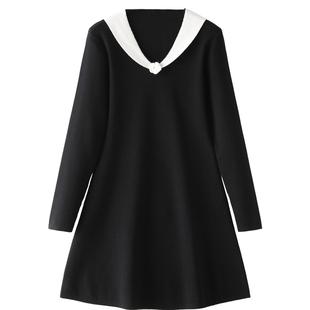 长袖连衣裙法式中长款毛织V领小个子针织内搭裙子秋冬打底毛衣裙