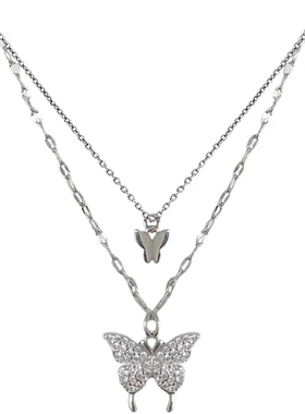 双层蝴蝶项链女锁骨链气质轻奢小众高级设计感夏季饰品钛钢颈链