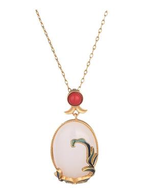 网红中国风古法金镶和田玉珐琅吊坠女宫廷复古装汉服旗袍气质项链