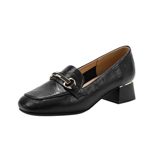 红蜻蜓中跟方头乐福鞋女款2026新款春季高跟小皮鞋通勤粗跟女单鞋