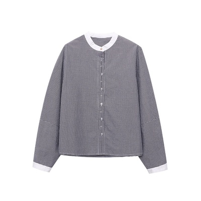 早秋韩系减龄格纹立领长袖衬衫