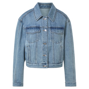 朗姿纯棉蓝色翻领牛仔短外套时尚设计感通勤上衣2026年春季新款女