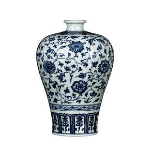 钟家窑陶瓷花瓶景德镇柴窑青花手绘缠枝花纹梅瓶插花中式台面摆件