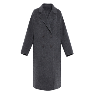 傲丝度极简风长款双面羊毛呢大衣女双排扣灰色外套高端新款冬装