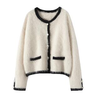 2025秋冬新款羊绒衫女100%纯羊绒宽松小香风外套拼色拉绒针织开衫