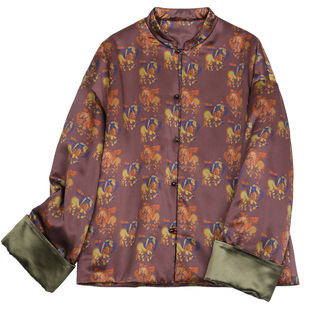 菲伊唐重磅真丝红云纱冬棉衣女上衣冬复古改良唐装女夹棉服外套女