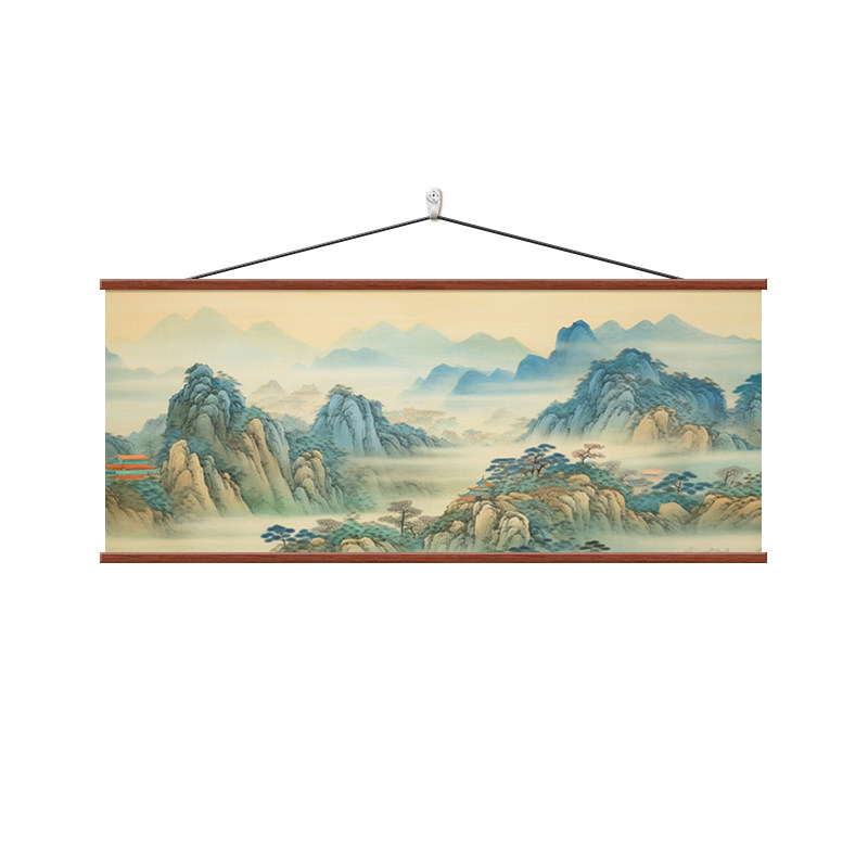 千里江山图客厅挂画背有靠山壁画