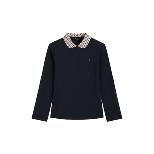 Aquascutum/雅格狮丹秋冬新品女休闲纯棉长袖格纹翻领POLO衫气质