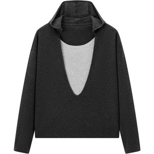 爱居兔老钱风撞色假两件针织衫女2025秋季新款高级感慵懒连帽上衣