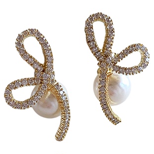 超闪金色蝴蝶结珍珠耳钉纯银针女士耳环2025新款高级感独特耳饰品