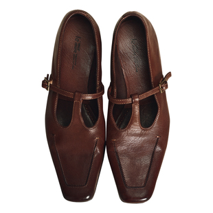 Le' Murmure 春秋季新款复古方头t字带皮鞋马皮单鞋休闲一脚蹬