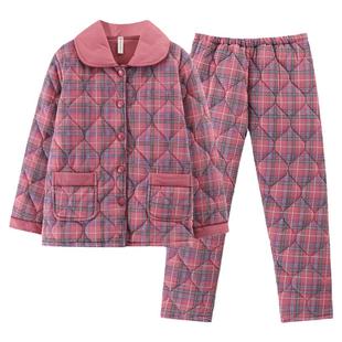 北极绒纯棉夹棉睡衣女冬季加厚三层保暖棉袄大码中年秋冬天家居服