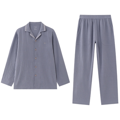 全棉时代男士睡衣套装居家服2025年秋季新款空气褶皱纱家居套装