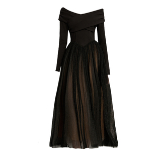 DPLAY【小黑裙系列】2026年黑色小礼服一字肩长裙亮丝长袖连衣裙