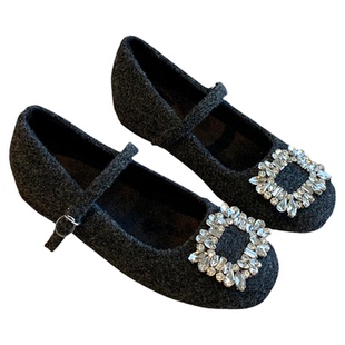 【TFM】内增高3CM~水钻方扣复古玛丽珍鞋女一字扣带浅口加绒单鞋