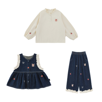 幼悠女童春季新款纯棉洋气衬衫童装宽松牛仔直筒裤小女孩马甲套装