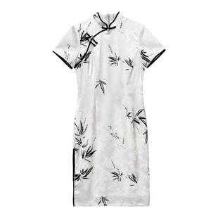 dfvc新中式国风旗袍裙女2026新款夏季水墨画盘扣中长修身连衣裙子